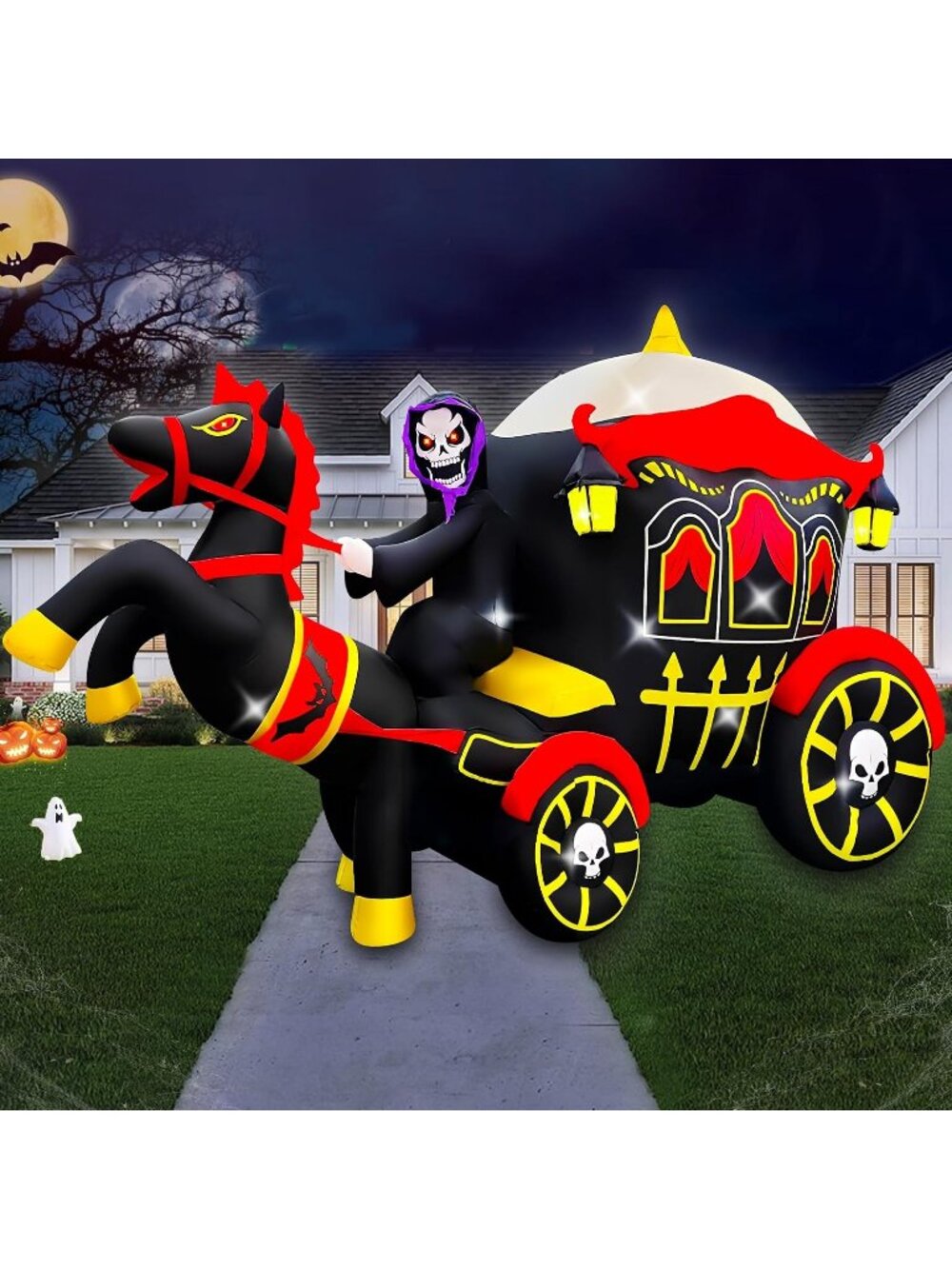 🎃10FT Long Halloween Inflatable Horse Blow Up Carriage With Grim Reaper Decor
